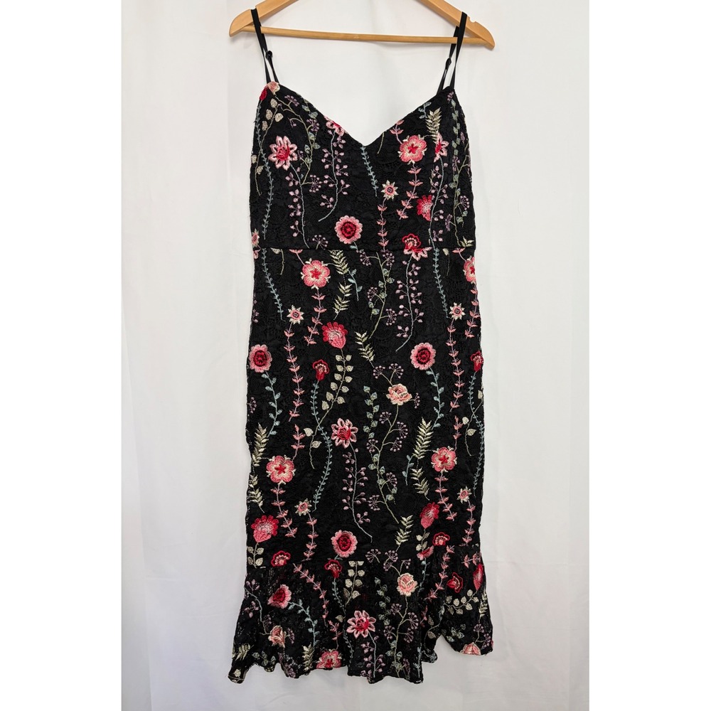 Siena Women Black Floral Embroidered Lace Midi Dress Mermaid Flounce Hem Size 14